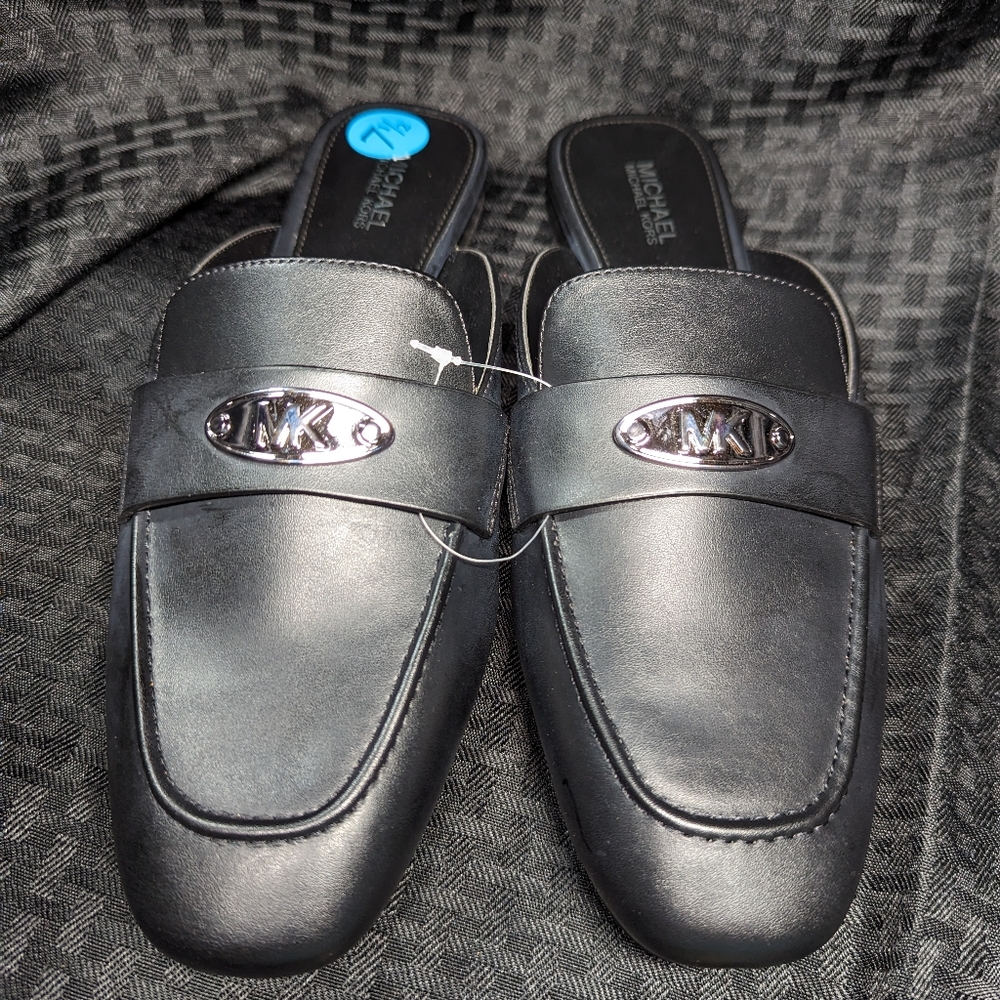 Black Michael Kors MK Logo Plate Tiffanie Mules.